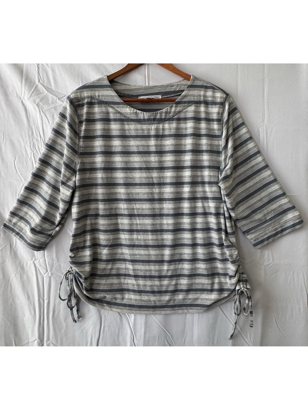 Southern Lady Top PL Petite Gray Stripe Ruched Side Tie 3/4 Sleeve Knit